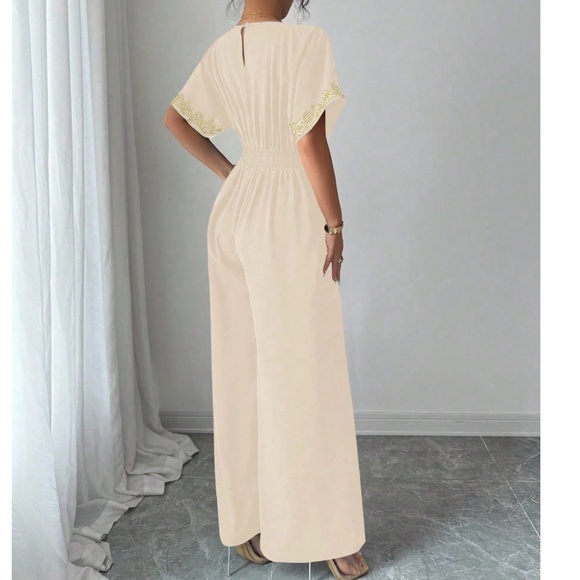 Classic V neck Floral lace Short Sleeve Stretchy Waist Wide Leg Jumpsuit - Picture 8 of 10